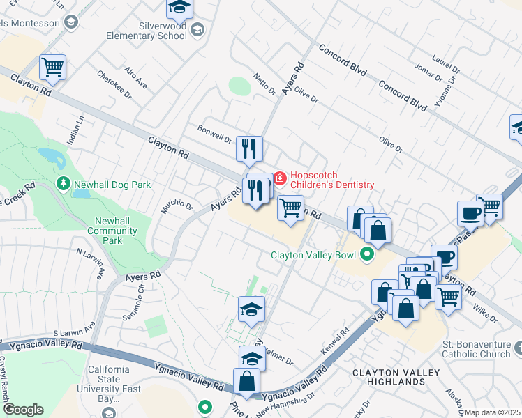 map of restaurants, bars, coffee shops, grocery stores, and more near 5100 Clayton Road in Concord