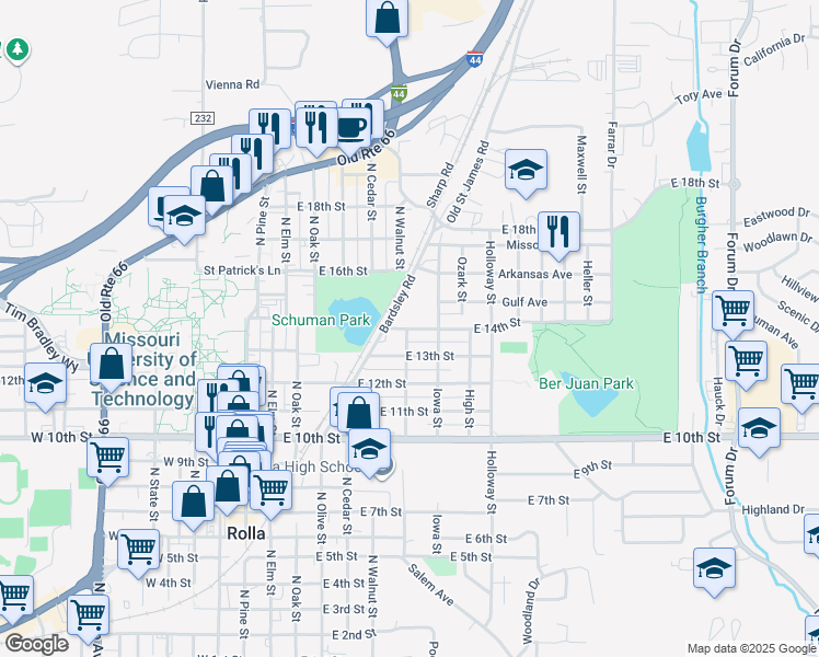map of restaurants, bars, coffee shops, grocery stores, and more near 607 East 14th Street in Rolla