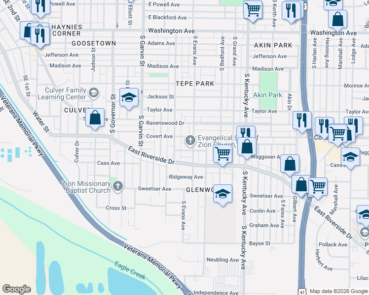 map of restaurants, bars, coffee shops, grocery stores, and more near 711 Waggoner Avenue in Evansville