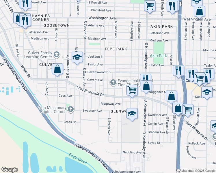 map of restaurants, bars, coffee shops, grocery stores, and more near 711 Waggoner Avenue in Evansville