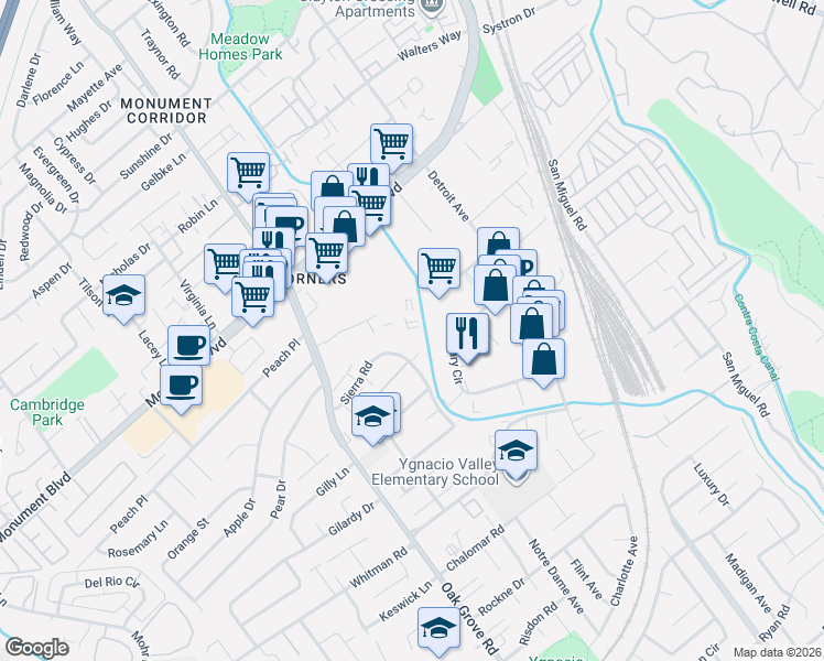 map of restaurants, bars, coffee shops, grocery stores, and more near 2055 Sierra Road in Concord