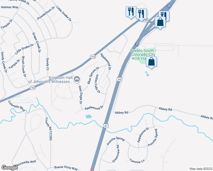 map of restaurants, bars, coffee shops, grocery stores, and more near 2849 Applewood Drive in Pueblo