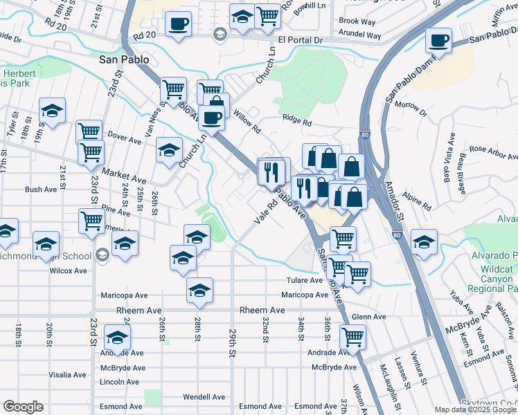 map of restaurants, bars, coffee shops, grocery stores, and more near 2121 Vale Road in San Pablo