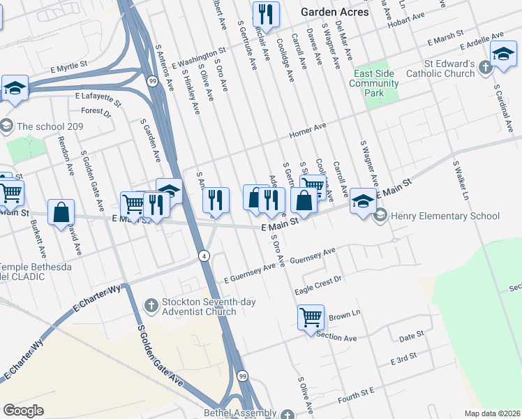map of restaurants, bars, coffee shops, grocery stores, and more near 1012 South Oro Avenue in Stockton