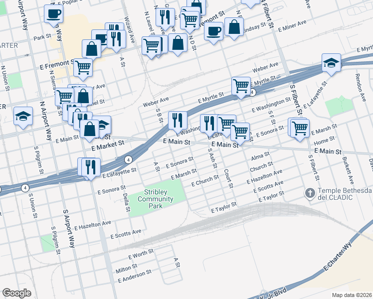 map of restaurants, bars, coffee shops, grocery stores, and more near 2020 East Lafayette Street in Stockton