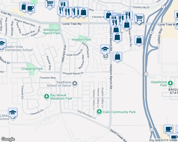 map of restaurants, bars, coffee shops, grocery stores, and more near 5437 Prewett Ranch Drive in Antioch