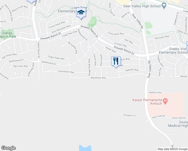 map of restaurants, bars, coffee shops, grocery stores, and more near 2412 Mammoth Way in Antioch