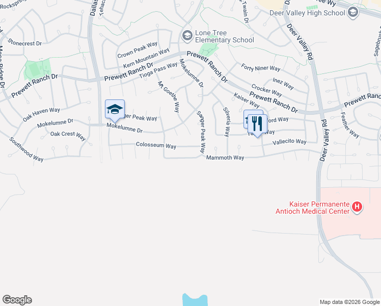 map of restaurants, bars, coffee shops, grocery stores, and more near 1742 Sanger Peak Way in Antioch