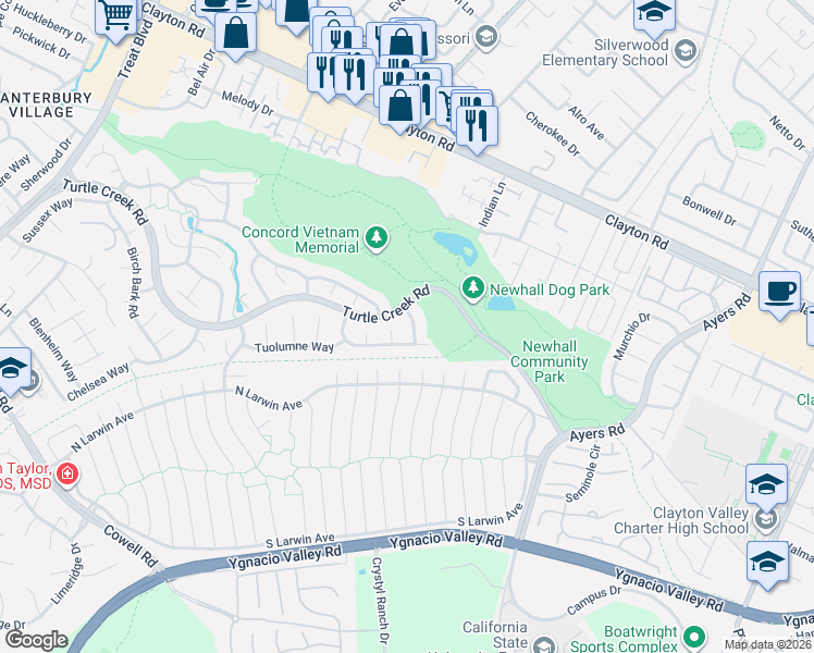 map of restaurants, bars, coffee shops, grocery stores, and more near 1350 Elderberry Drive in Concord