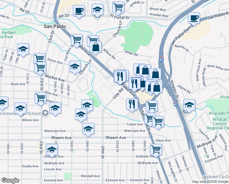 map of restaurants, bars, coffee shops, grocery stores, and more near 2121 Vale Road in San Pablo