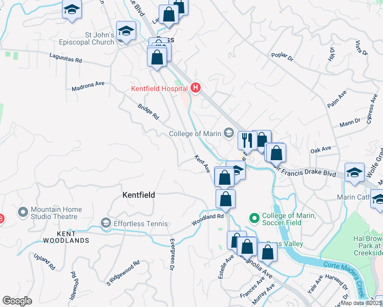 map of restaurants, bars, coffee shops, grocery stores, and more near 8 Hillside Avenue in Kentfield