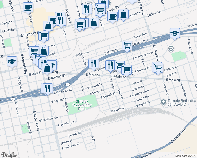 map of restaurants, bars, coffee shops, grocery stores, and more near 2020 East Lafayette Street in Stockton