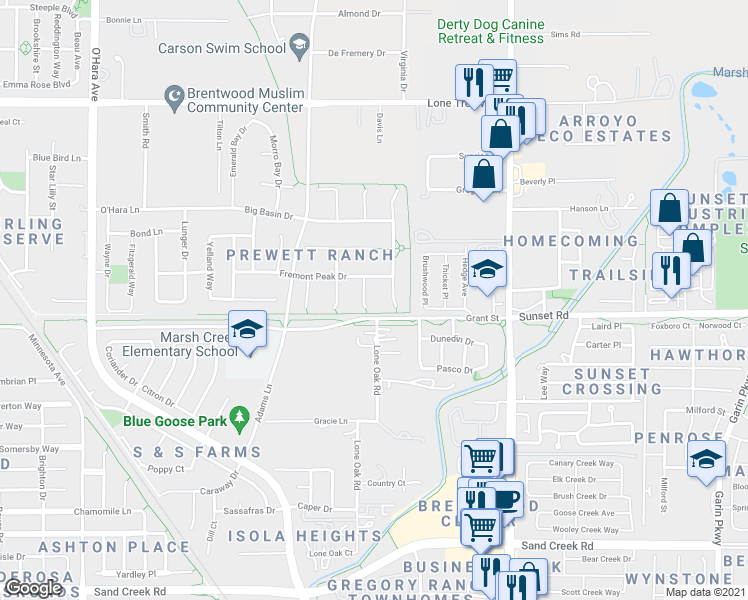 map of restaurants, bars, coffee shops, grocery stores, and more near 1949 Crowley Court in Brentwood
