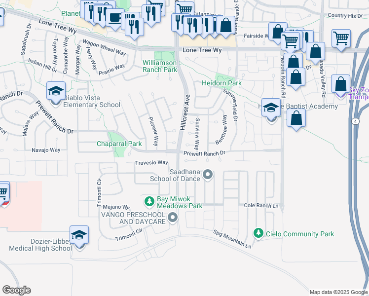 map of restaurants, bars, coffee shops, grocery stores, and more near 5542 Hazelbrook Court in Antioch