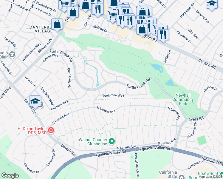 map of restaurants, bars, coffee shops, grocery stores, and more near 1366 Shade Oak Lane in Concord