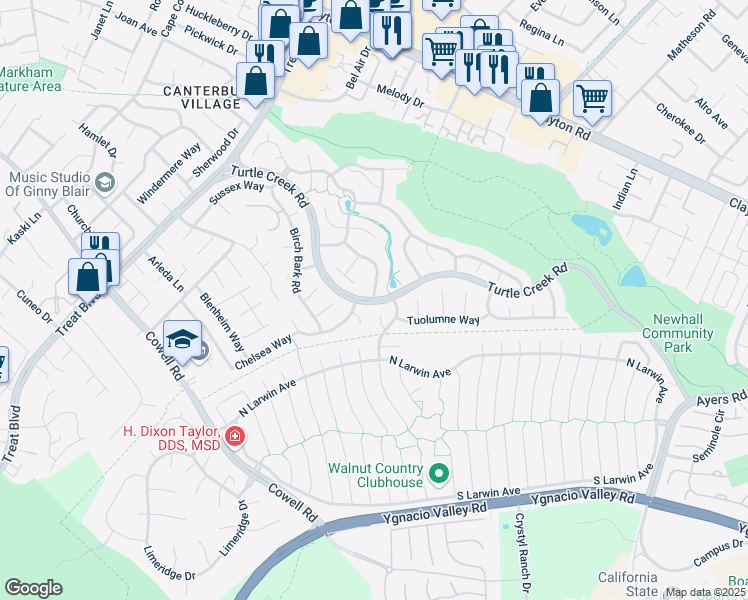 map of restaurants, bars, coffee shops, grocery stores, and more near Turtle Creek Rd & Pinecrest Dr in Concord