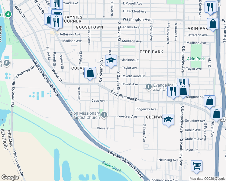 map of restaurants, bars, coffee shops, grocery stores, and more near 513 East Riverside Drive in Evansville