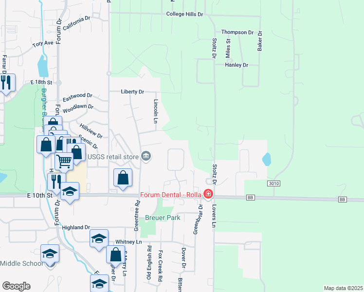 map of restaurants, bars, coffee shops, grocery stores, and more near 1535 Timber Creek Road in Rolla