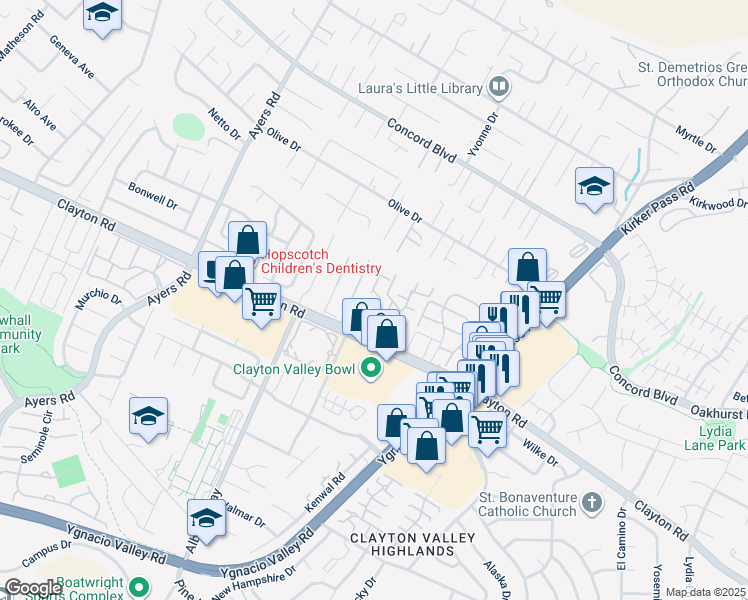 map of restaurants, bars, coffee shops, grocery stores, and more near 5255 Clayton Road in Concord