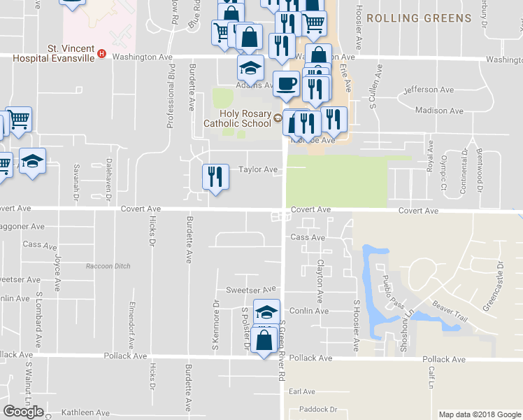 map of restaurants, bars, coffee shops, grocery stores, and more near 4673 Covert Avenue in Evansville