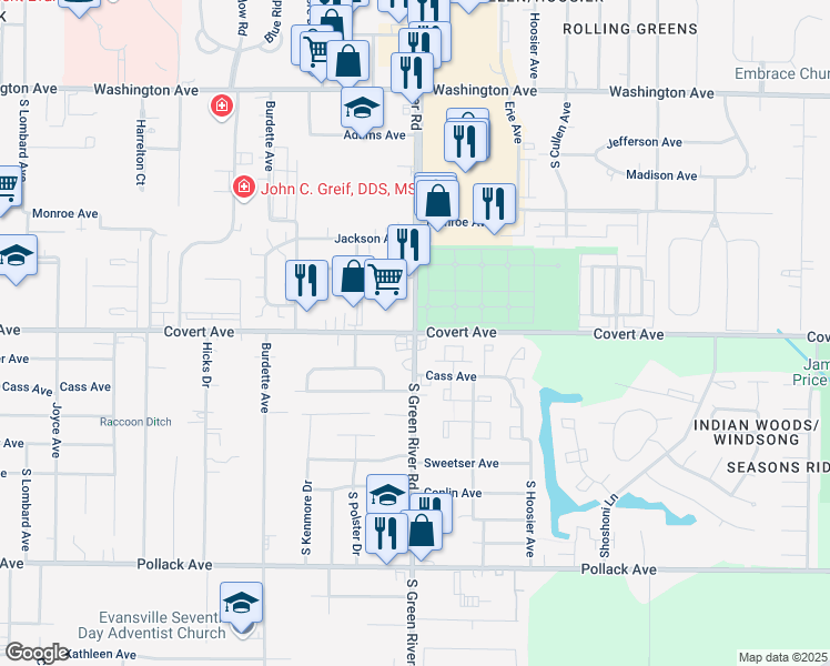 map of restaurants, bars, coffee shops, grocery stores, and more near Covert Ave & S Green River Rd in Evansville