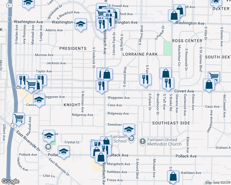 map of restaurants, bars, coffee shops, grocery stores, and more near 2054 Waggoner Avenue in Evansville