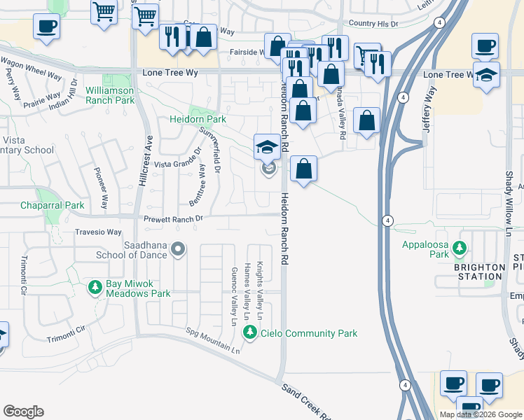 map of restaurants, bars, coffee shops, grocery stores, and more near 5320 Heidorn Ranch Road in Antioch