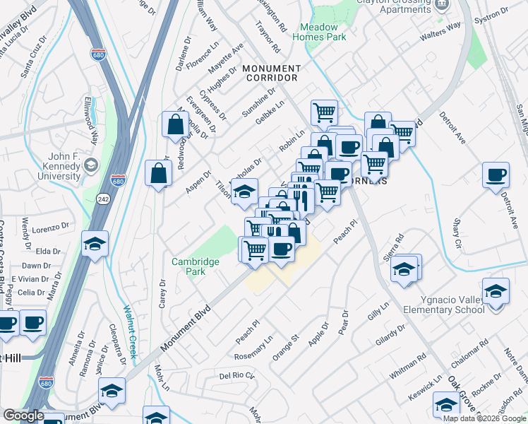 map of restaurants, bars, coffee shops, grocery stores, and more near 1124 Lacey Lane in Concord