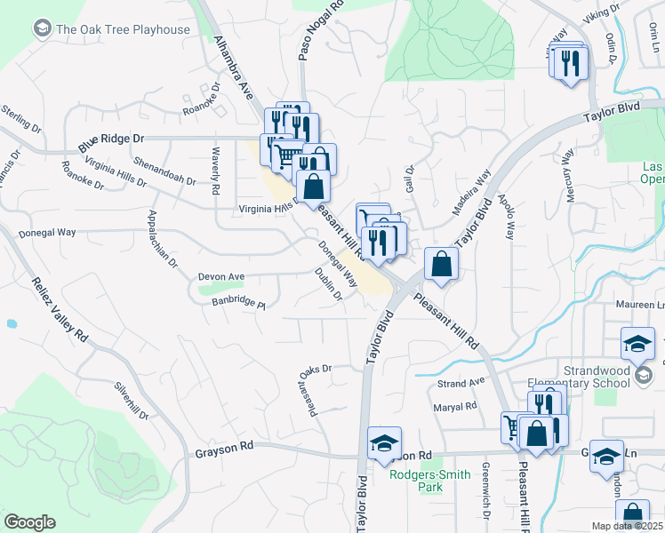 map of restaurants, bars, coffee shops, grocery stores, and more near 77 Donegal Way in Pleasant Hill