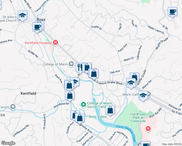 map of restaurants, bars, coffee shops, grocery stores, and more near 2 Ash Avenue in Kentfield