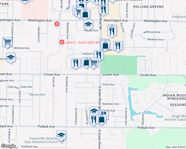 map of restaurants, bars, coffee shops, grocery stores, and more near 1601 South Green River Road in Evansville