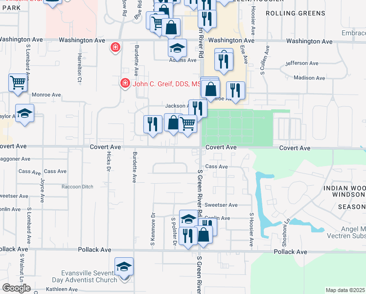 map of restaurants, bars, coffee shops, grocery stores, and more near 1610 South Polster Drive in Evansville