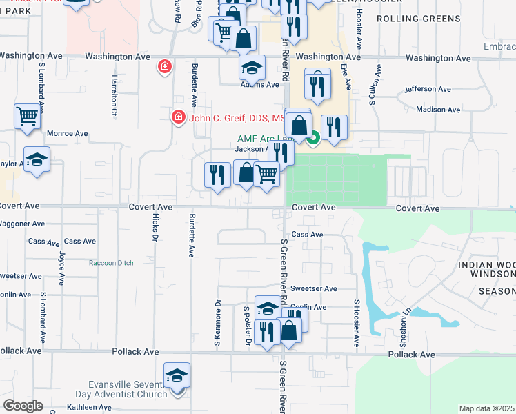 map of restaurants, bars, coffee shops, grocery stores, and more near 1610 South Polster Drive in Evansville