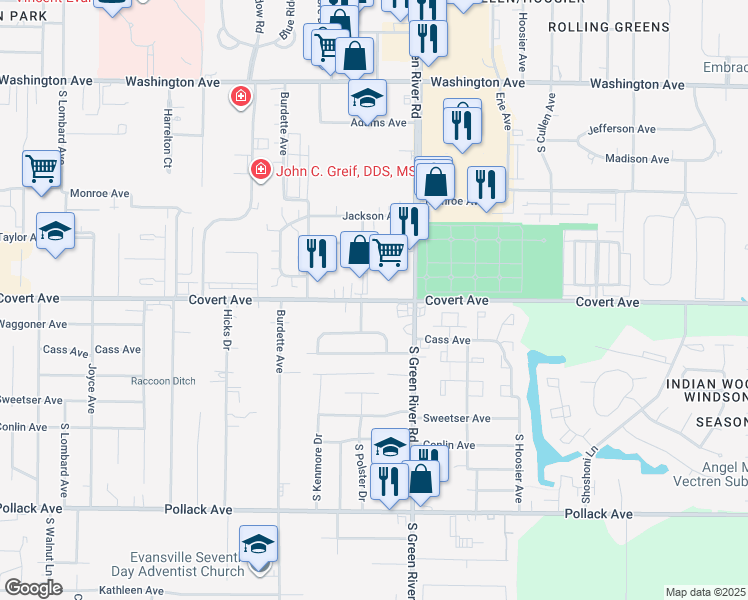 map of restaurants, bars, coffee shops, grocery stores, and more near 1610 South Polster Drive in Evansville