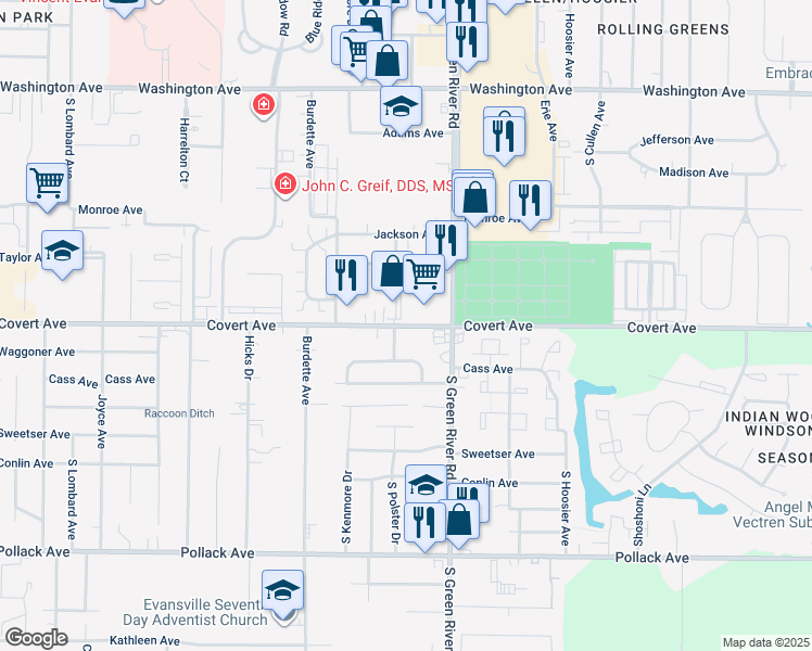 map of restaurants, bars, coffee shops, grocery stores, and more near 1610 South Polster Drive in Evansville