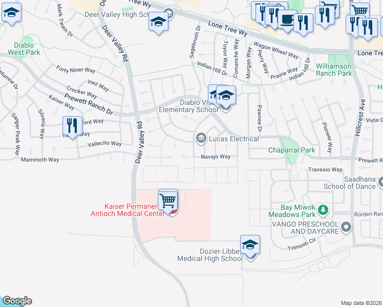 map of restaurants, bars, coffee shops, grocery stores, and more near 5402 Navajo Court in Antioch