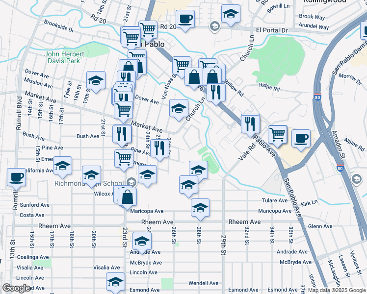 map of restaurants, bars, coffee shops, grocery stores, and more near 2719 Bush Avenue in Richmond