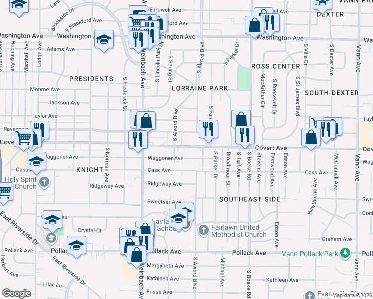 map of restaurants, bars, coffee shops, grocery stores, and more near 2108 Waggoner Avenue in Evansville