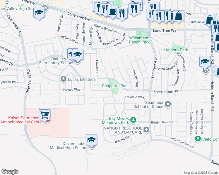 map of restaurants, bars, coffee shops, grocery stores, and more near 5224 Candlewood Way in Antioch