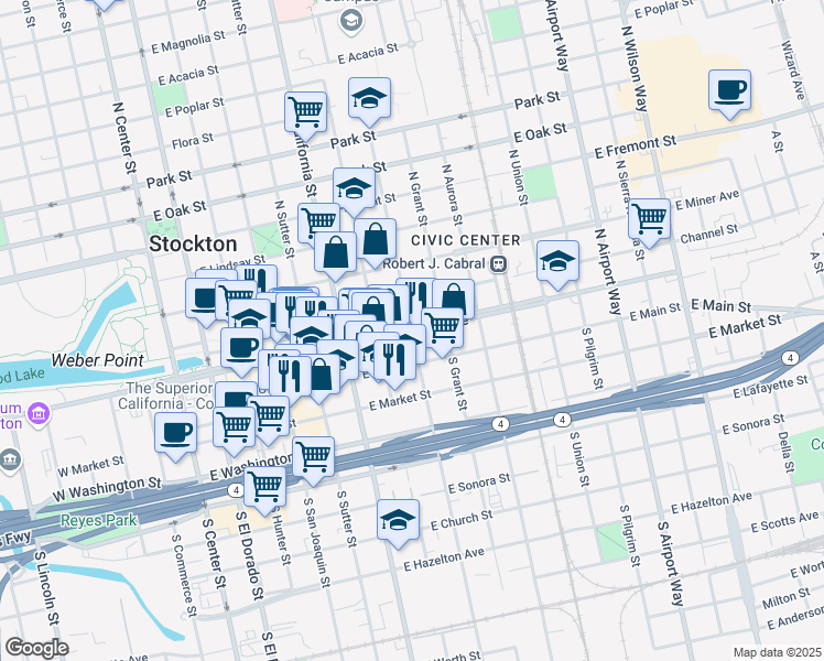 map of restaurants, bars, coffee shops, grocery stores, and more near East Weber Avenue in Stockton