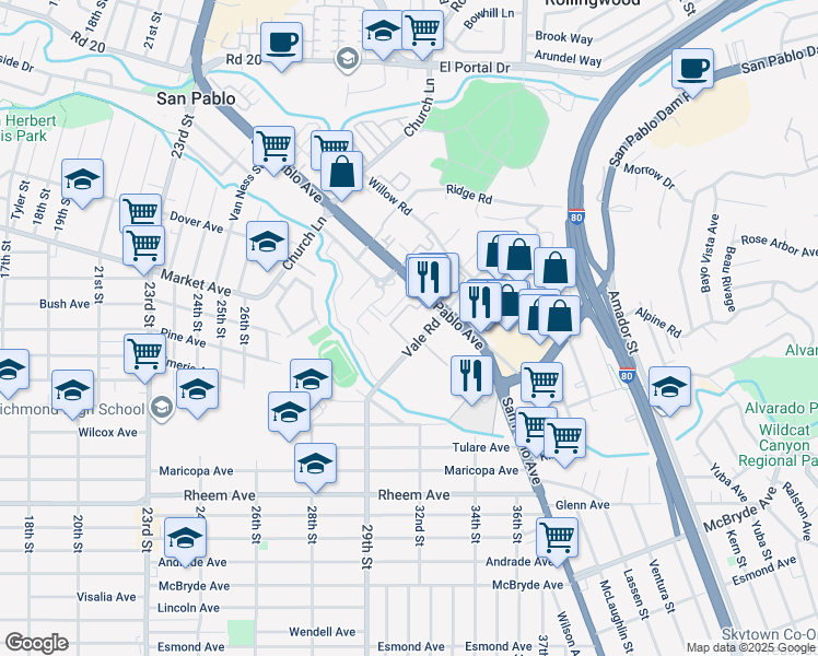 map of restaurants, bars, coffee shops, grocery stores, and more near 2121 Vale Road in San Pablo