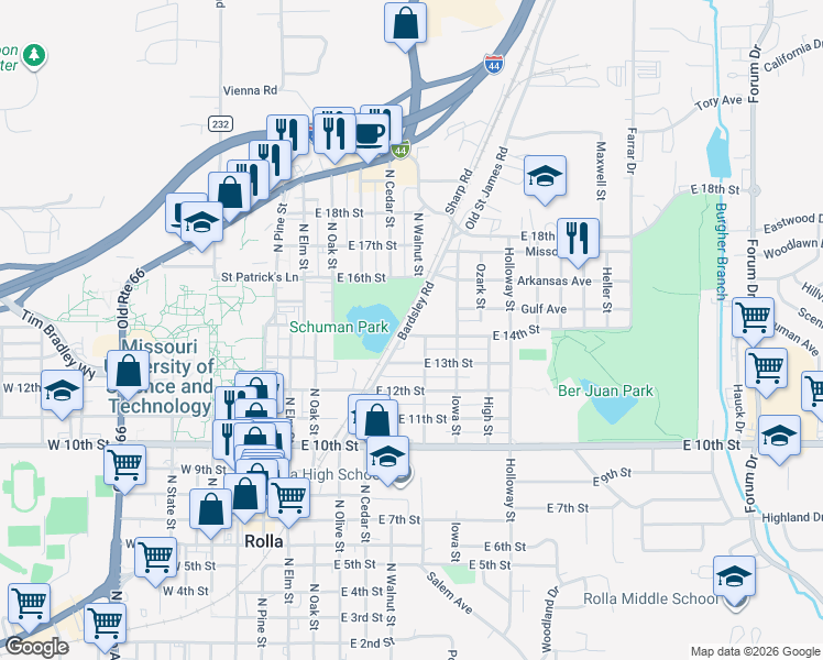 map of restaurants, bars, coffee shops, grocery stores, and more near 1307 Maple Street in Rolla