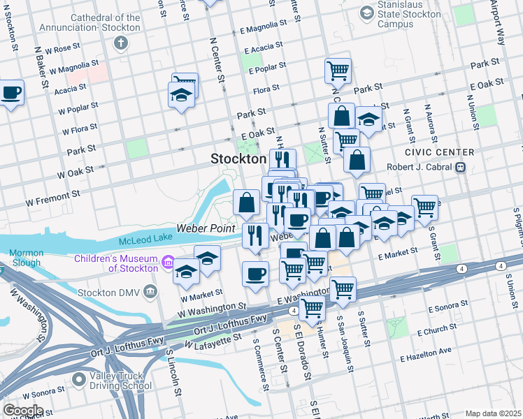 map of restaurants, bars, coffee shops, grocery stores, and more near 31 Channel Street in Stockton