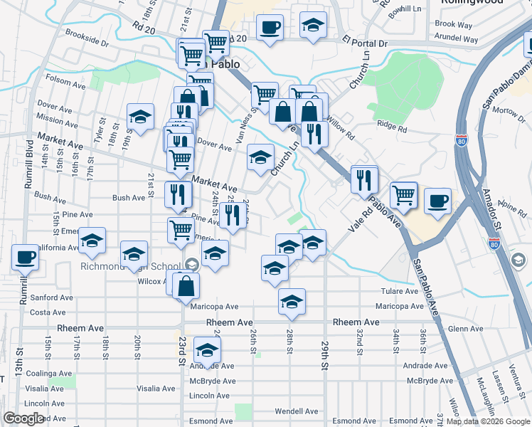 map of restaurants, bars, coffee shops, grocery stores, and more near 2719 Bush Avenue in Richmond