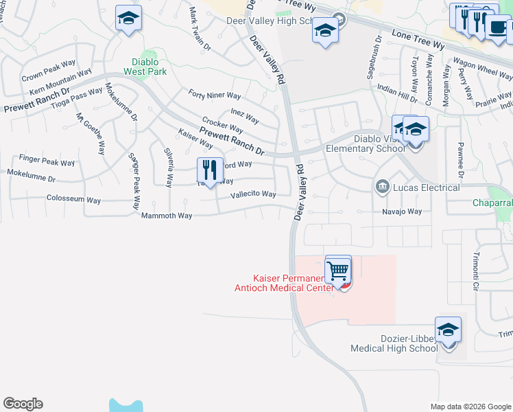 map of restaurants, bars, coffee shops, grocery stores, and more near 4826 Mammoth Way in Antioch