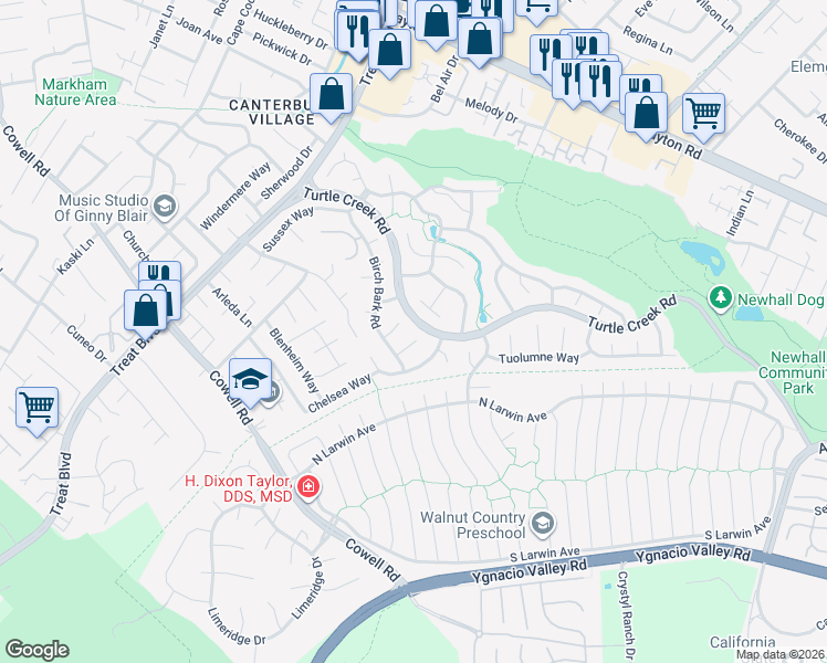map of restaurants, bars, coffee shops, grocery stores, and more near 1367 Meadow Glen Way in Concord