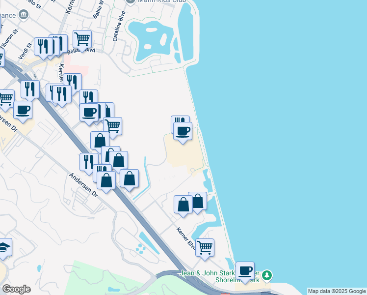 map of restaurants, bars, coffee shops, grocery stores, and more near 125 Shoreline Parkway in San Rafael