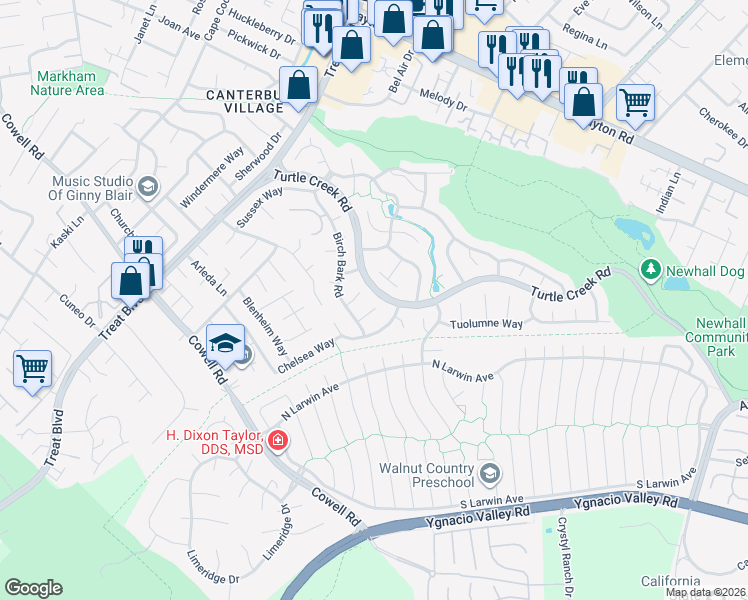 map of restaurants, bars, coffee shops, grocery stores, and more near 1367 Meadow Glen Way in Concord