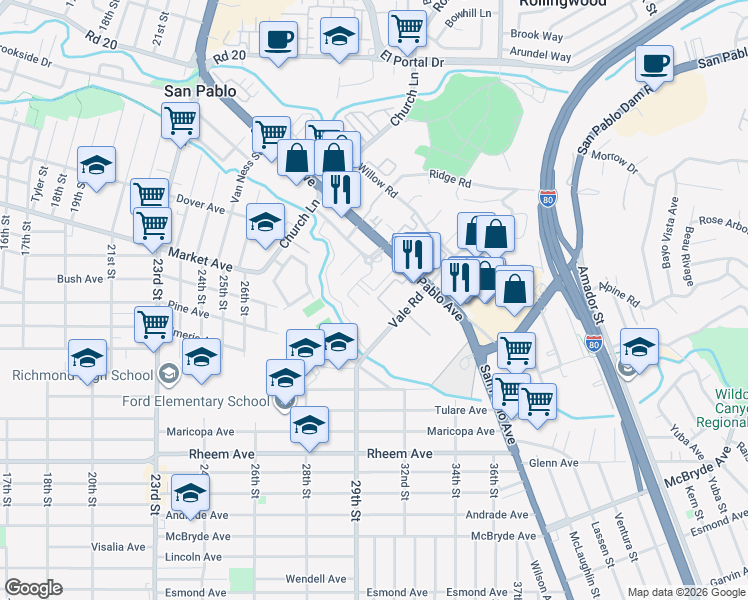 map of restaurants, bars, coffee shops, grocery stores, and more near 2089 Vale Road in San Pablo