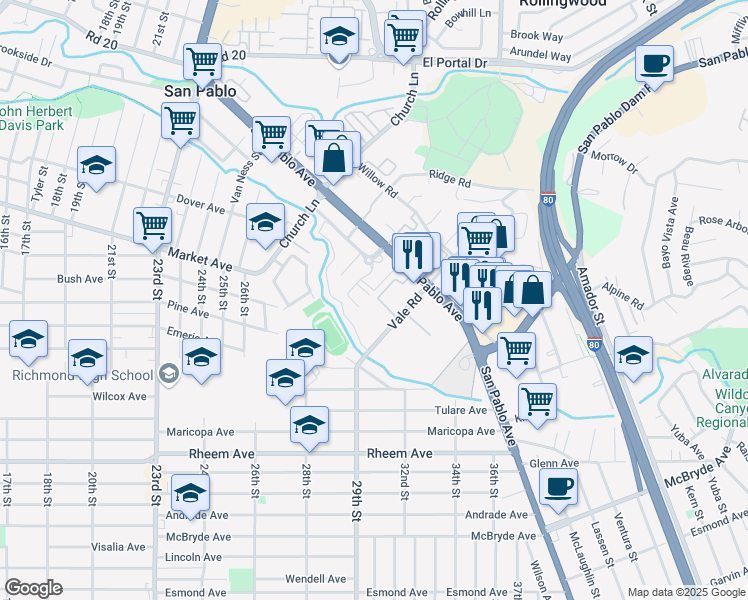 map of restaurants, bars, coffee shops, grocery stores, and more near 2121 Vale Road in San Pablo